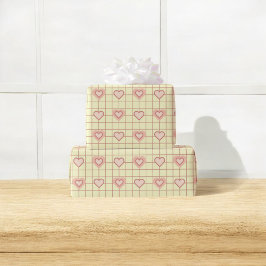 Papel De Presente Padrão Verificado de Creme Cardíaco Rosa-dia de os