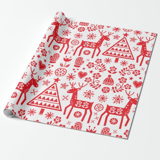 PAPEL DE PRESENTE PADRÃO VERMELHO DE NATAL ESCANDINÁVIO (Desenrolado)