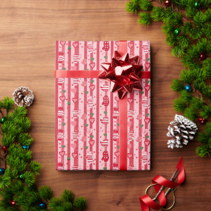 Papel De Presente Padrão Vermelho e Rosa Com Mittens e Corações