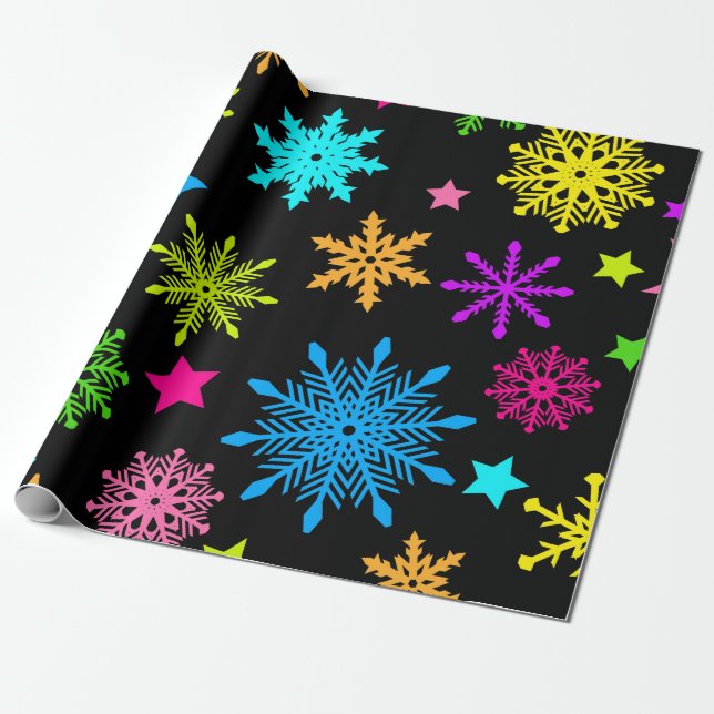 Papel De Presente Padrão Vibrant Neon Snowflake (Desenrolado)