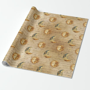 Papel De Presente Padrão Vintage de Astrologia Sol Lua Celestial Dou