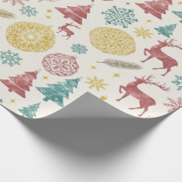 Papel De Presente Padrão Vintage de Natal com Rena e Ornamentos