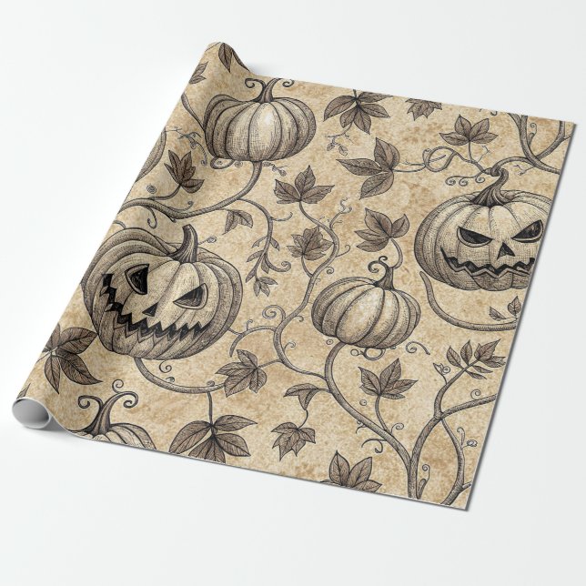 Papel De Presente Padrão Vintage Halloween Pumpkin Vine (Desenrolado)