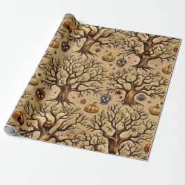 Papel De Presente Padrão Vintage Haunted Trees & Pumpkin Lanterns