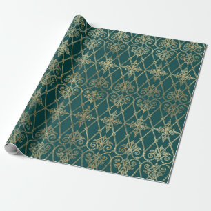 Papel De Presente Padrão Vintage Turquesa e Dourado