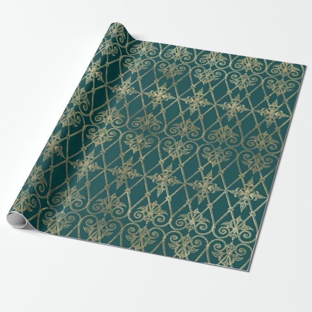 Papel De Presente Padrão Vintage Turquesa e Dourado (Desenrolado)