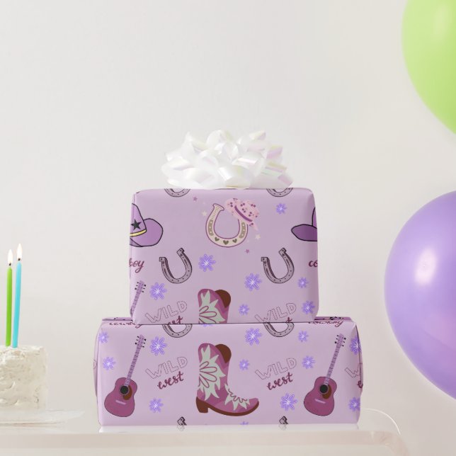 Papel De Presente Padrão Western Selvagem Cowboy Roxo  (Presentes para festas)