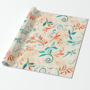 Papel De Presente Padrão Whimsical Blue e Red Paisley Leaf (2)