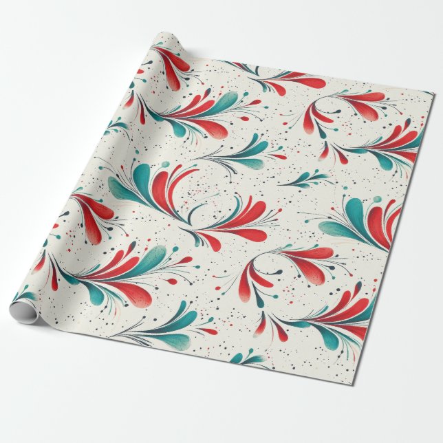 Papel De Presente Padrão Whimsical Blue e Red Paisley Leaf (2) (Desenrolado)