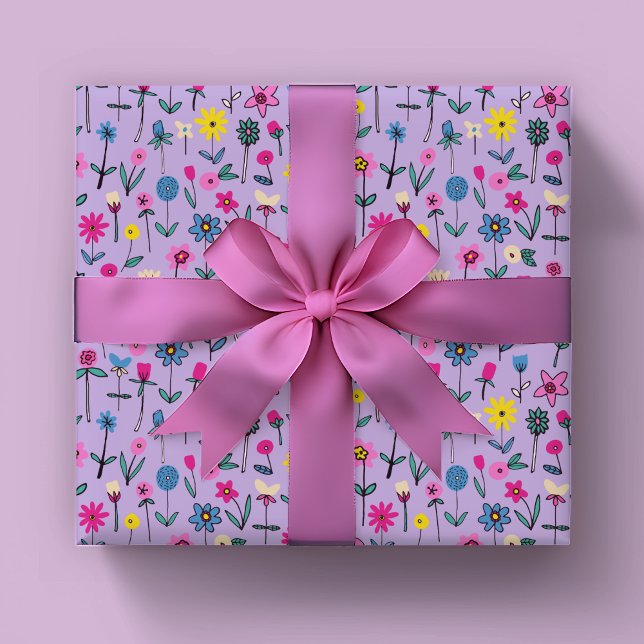 Papel De Presente Padrão Whimsical Floral Kids (Floral wildflower wrapping paper in lilac and pink. Perfect for girls birthday party or baby shower)