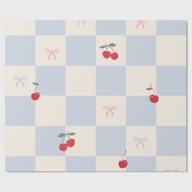 Papel De Presente Padrão xadrez azul com cerejas (Aberto)
