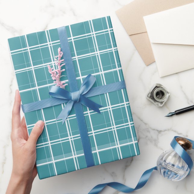 Papel De Presente Padrão Xadrez Azul-Verde Branco Moderno Limpo (Presentear)