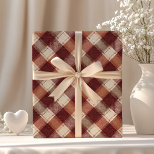Papel De Presente Padrão Xadrez Bege Ferrugem Laranja Creme Rústico