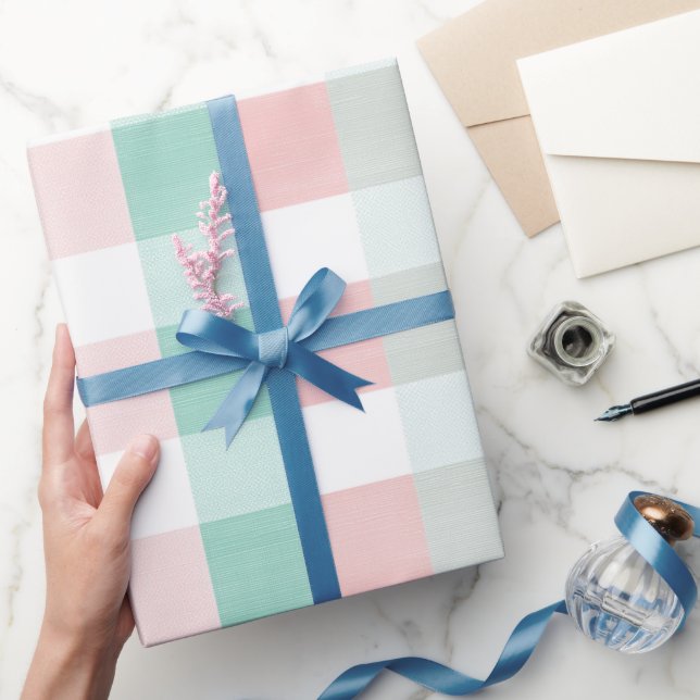 Papel De Presente Padrão Xadrez Branco Gingham Rosa Pastel Suave com (Presentear)