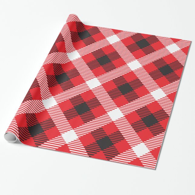 Papel De Presente Padrão xadrez búfalo vermelho branco e preto (Desenrolado)