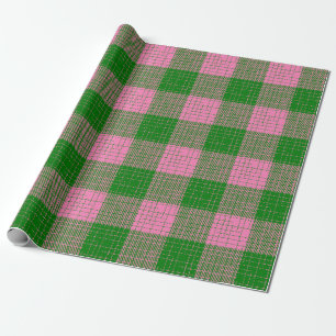 Papel De Presente Padrão Xadrez com Trama Cruzada Rosa e Verde