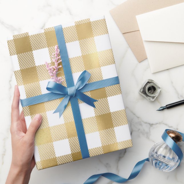 Papel De Presente Padrão Xadrez de Búfalo Dourado e Branco (Presentear)