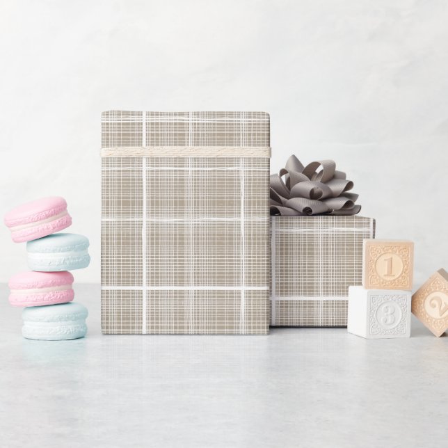 Papel De Presente Padrão Xadrez de Linho Bege Creme Neutro (Chá de bebê)