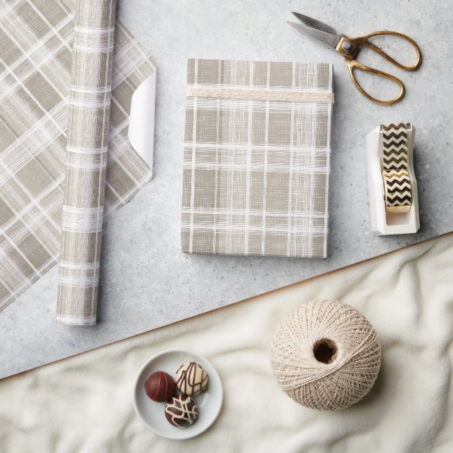 Papel De Presente Padrão Xadrez de Linho Bege Creme Neutro (Artesanato)