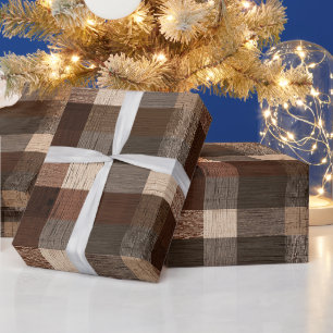 Papel De Presente Padrão Xadrez de Madeira de Cabana Rústica Marrom