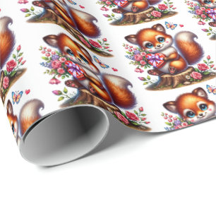 Papel De Presente Padrão xadrez de raposa fofo do Dia dos Namorados