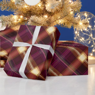 Papel De Presente Padrão Xadrez Elegante Borgonha Dourado Real Vinho