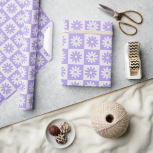 Papel De Presente Padrão Xadrez Flor Roxa Retro Plaid
