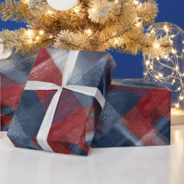 Papel De Presente Padrão Xadrez Gelo de Inverno Azul Marinho Vermelh