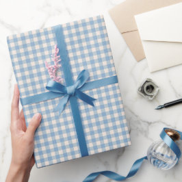 Papel De Presente Padrão Xadrez Gingham Azul e Creme