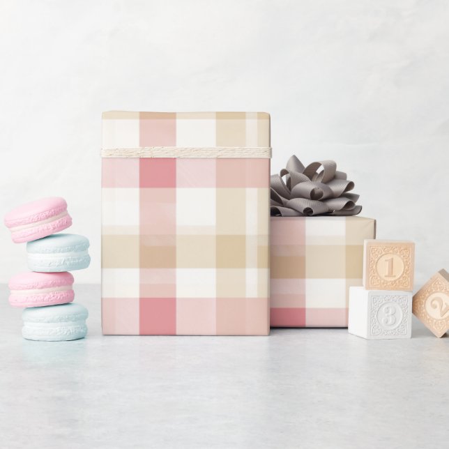 Papel De Presente Padrão Xadrez Gingham Rosa Bege Suave Romântico (Chá de bebê)