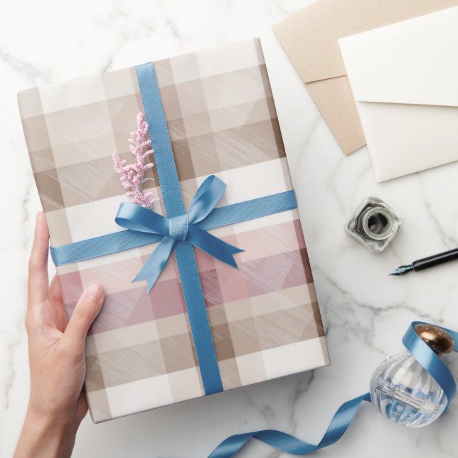 Papel De Presente Padrão Xadrez Gingham Rosa Bege Suave Romântico (Presentear)