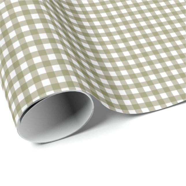 Papel De Presente Padrão Xadrez Gingham Verde Oliva Retro Fofo (Ponta do rolo)
