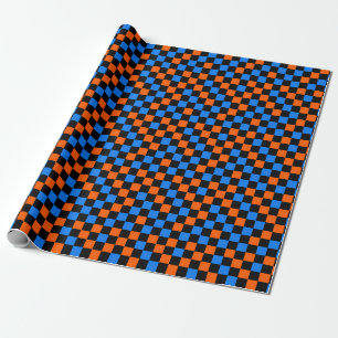 Papel De Presente Padrão Xadrez Laranja Azul e Preto