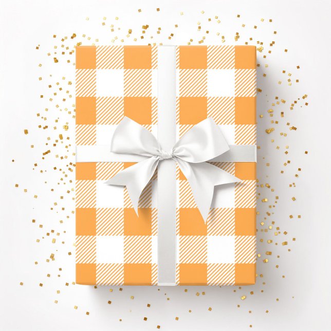 Papel De Presente Padrão Xadrez Laranja Branco (Orange White Plaid Pattern Wrapping Paper)
