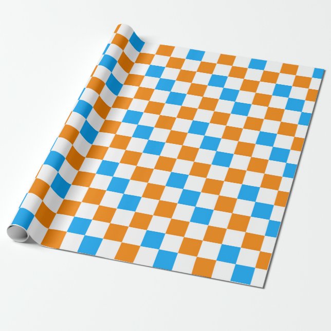 Papel De Presente Padrão Xadrez Laranja Branco Azul Design  (Desenrolado)