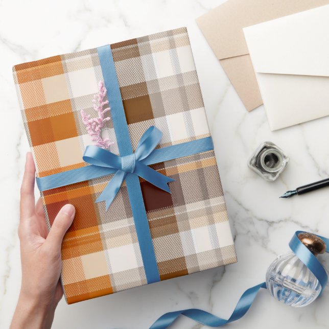 Papel De Presente Padrão Xadrez Laranja Queimado Marrom Creme de Out (Presentear)