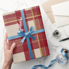Papel De Presente Padrão Xadrez Marfim Festa Vermelho Dourado Natal