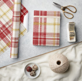 Papel De Presente Padrão Xadrez Marfim Festa Vermelho Dourado Natal