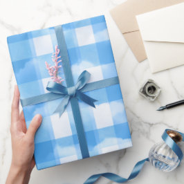 Papel De Presente Padrão Xadrez Nuvem Gingham Azul Branco Verão