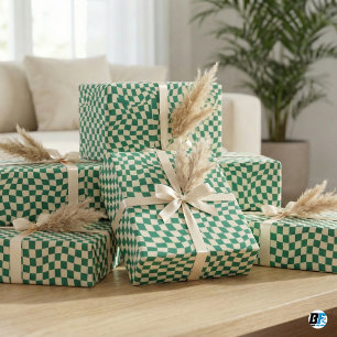 Papel De Presente Padrão Xadrez Ondulado Creme Verde Retro