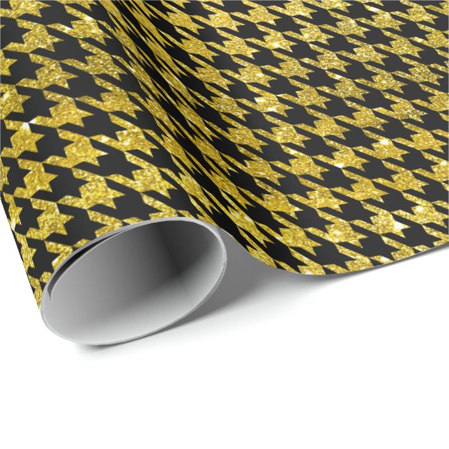 Papel De Presente Padrão Xadrez Preto e Dourado Clássico (Ponta do rolo)