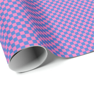 Papel De Presente Padrão Xadrez Retro Brilhante Rosa e Azul