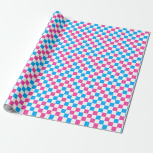 Papel De Presente Padrão Xadrez Rosa Azul e Branco 