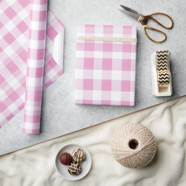 Papel De Presente Padrão Xadrez Rosa Claro Branco Gingham Bege (Artesanato)