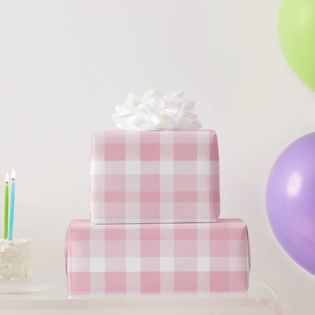 Papel De Presente Padrão Xadrez Rosa Claro Branco Gingham Bege (Presentes para festas)