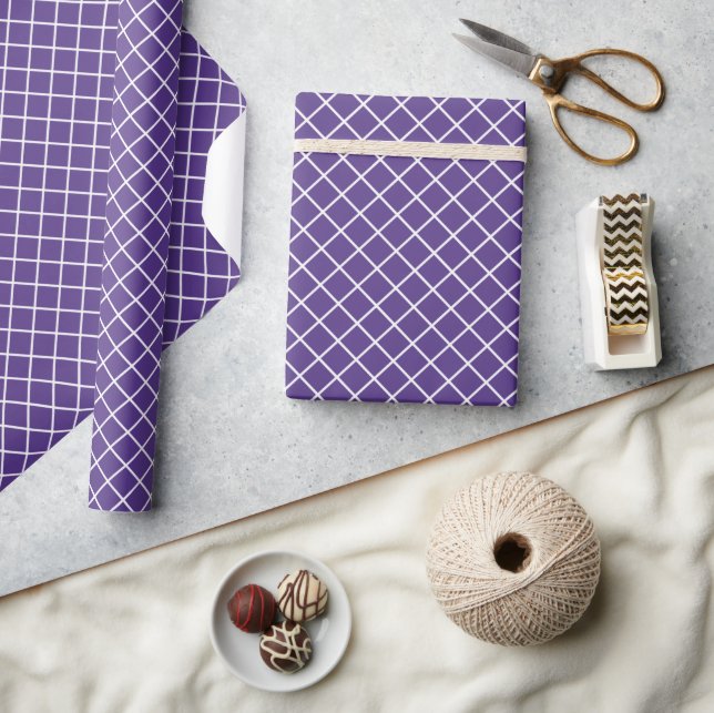 Papel De Presente Padrão Xadrez Roxo Lavanda Branco Clássico (Artesanato)