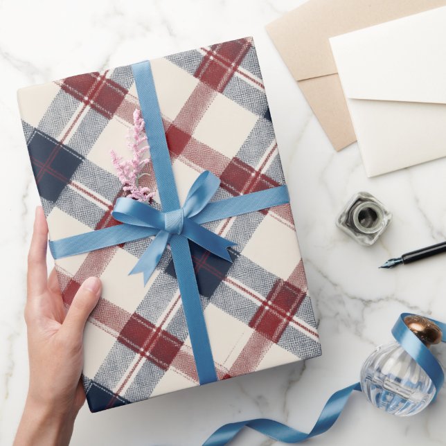 Papel De Presente Padrão Xadrez Tartã Clássico Vermelho Marinho Heri (Presentear)