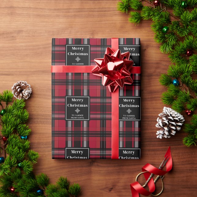 Papel De Presente Padrão Xadrez Tartan Vermelho e Preto Com Texto (Presente de Natal)