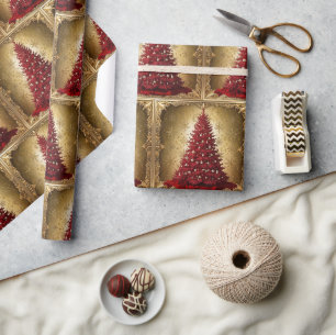Papel De Presente Padrão Xmas Dourado da árvore de Natal Vermelho El