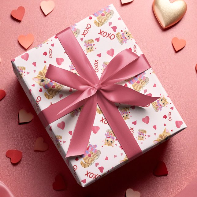 Papel De Presente Padrão XOXO do Gatinho de Aquarela (Criador carregado)